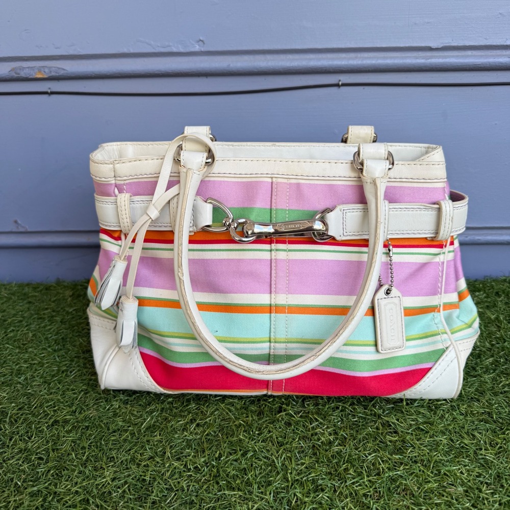 Vtg Y2K Coach Hampton Stripe Satchel Multi Color Pink Leather Tote Bag F10704